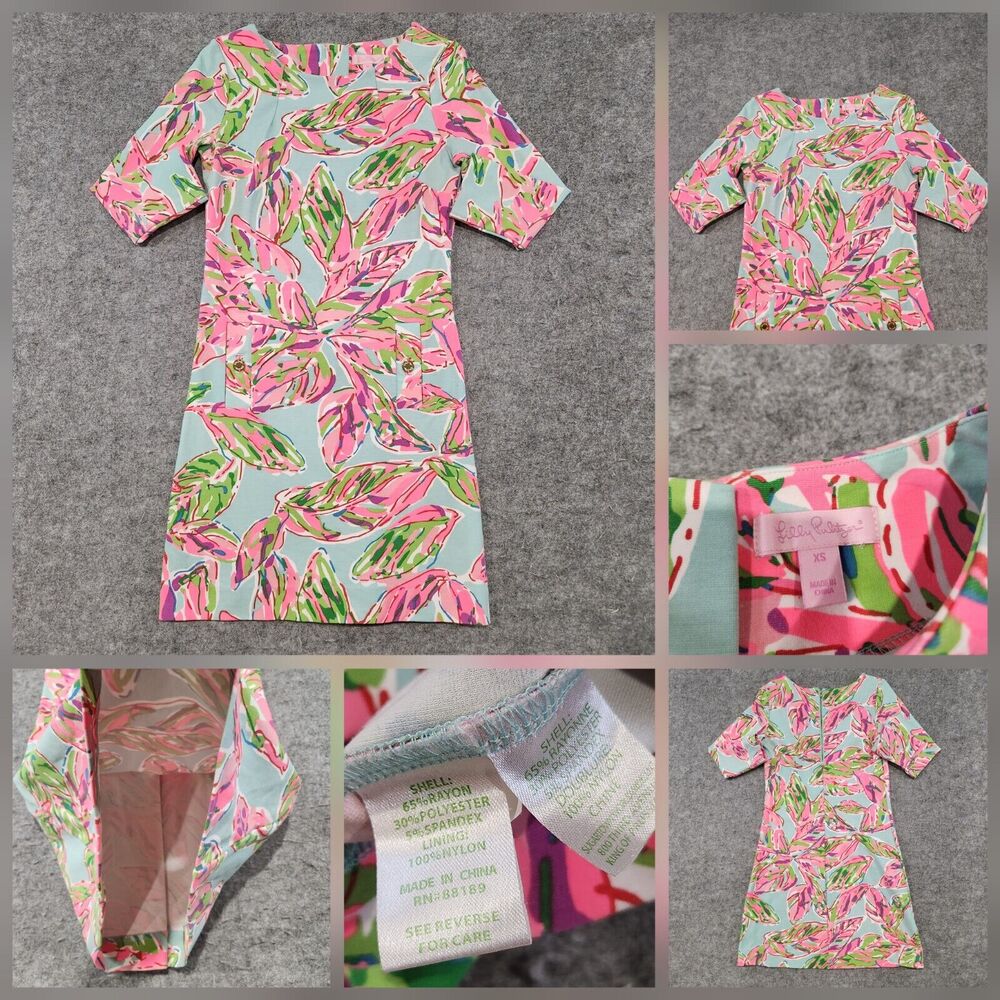 Lilly Pulitzer Womens XS Tropical Blue & Pink 3/4 Sleeve Charlene Shift Dress